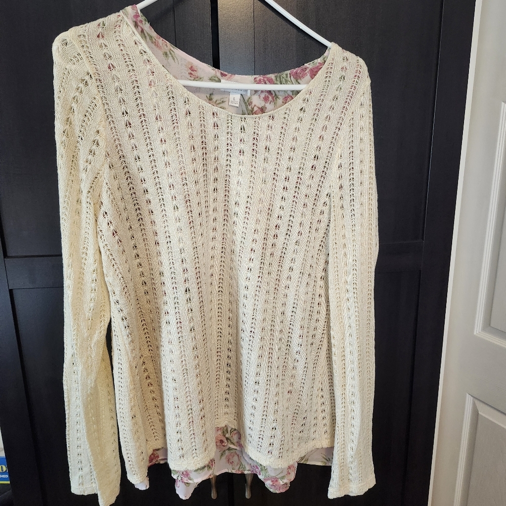 Ivory knit sweater. Floral tank underlay. Open back size large